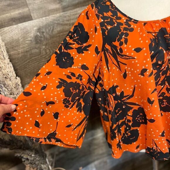 Trinity orange and navy floral scoop neck silk blouse - S - Picture 2 of 7